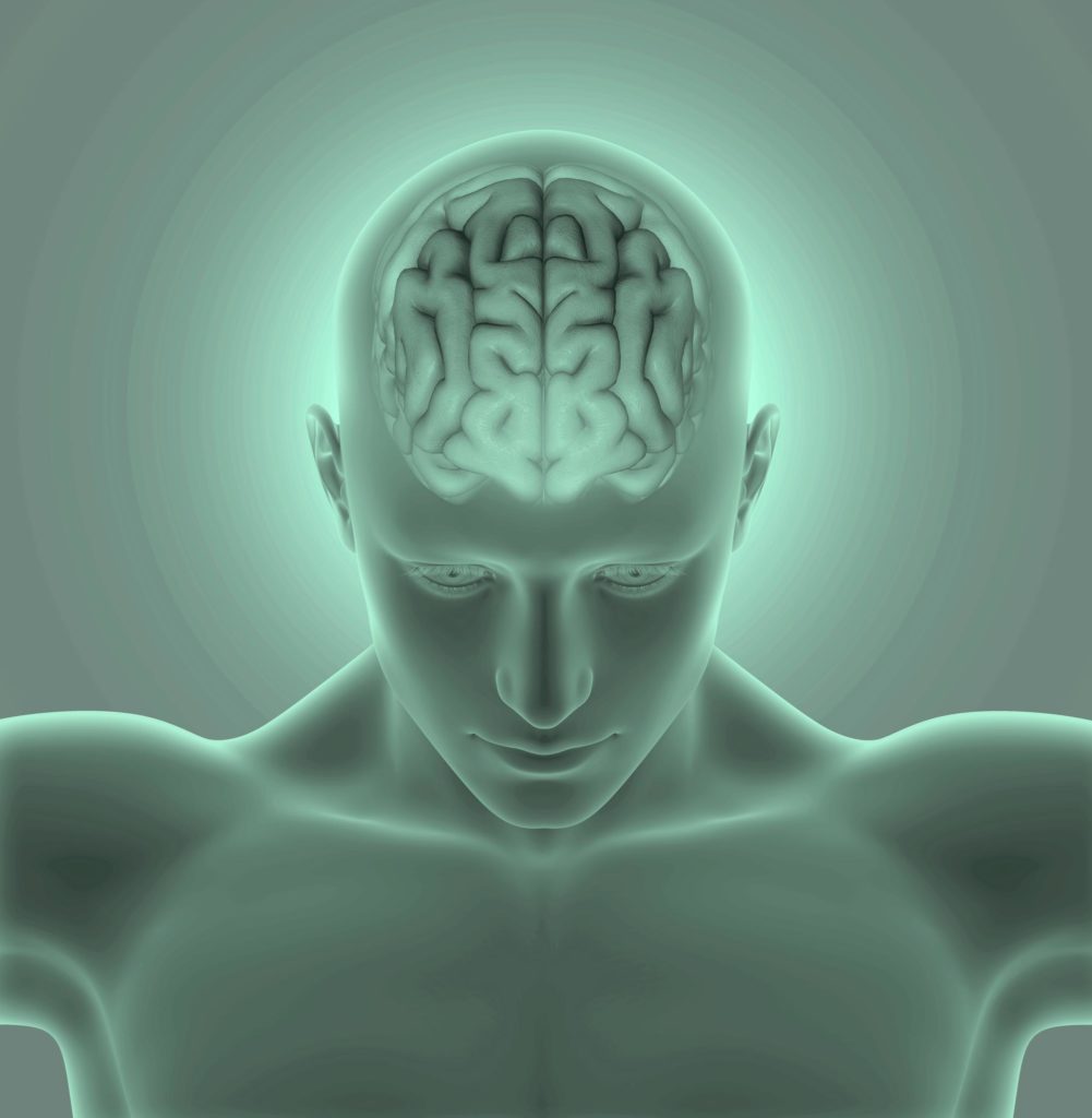Futuristic human with transparent scull showing healthy brain